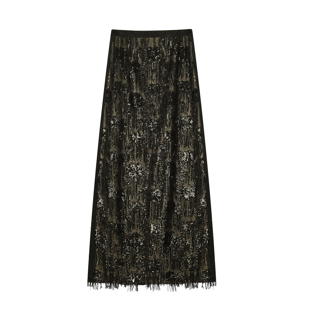 Black & Gold Sequin Fringe Maxi Skirt - image 1