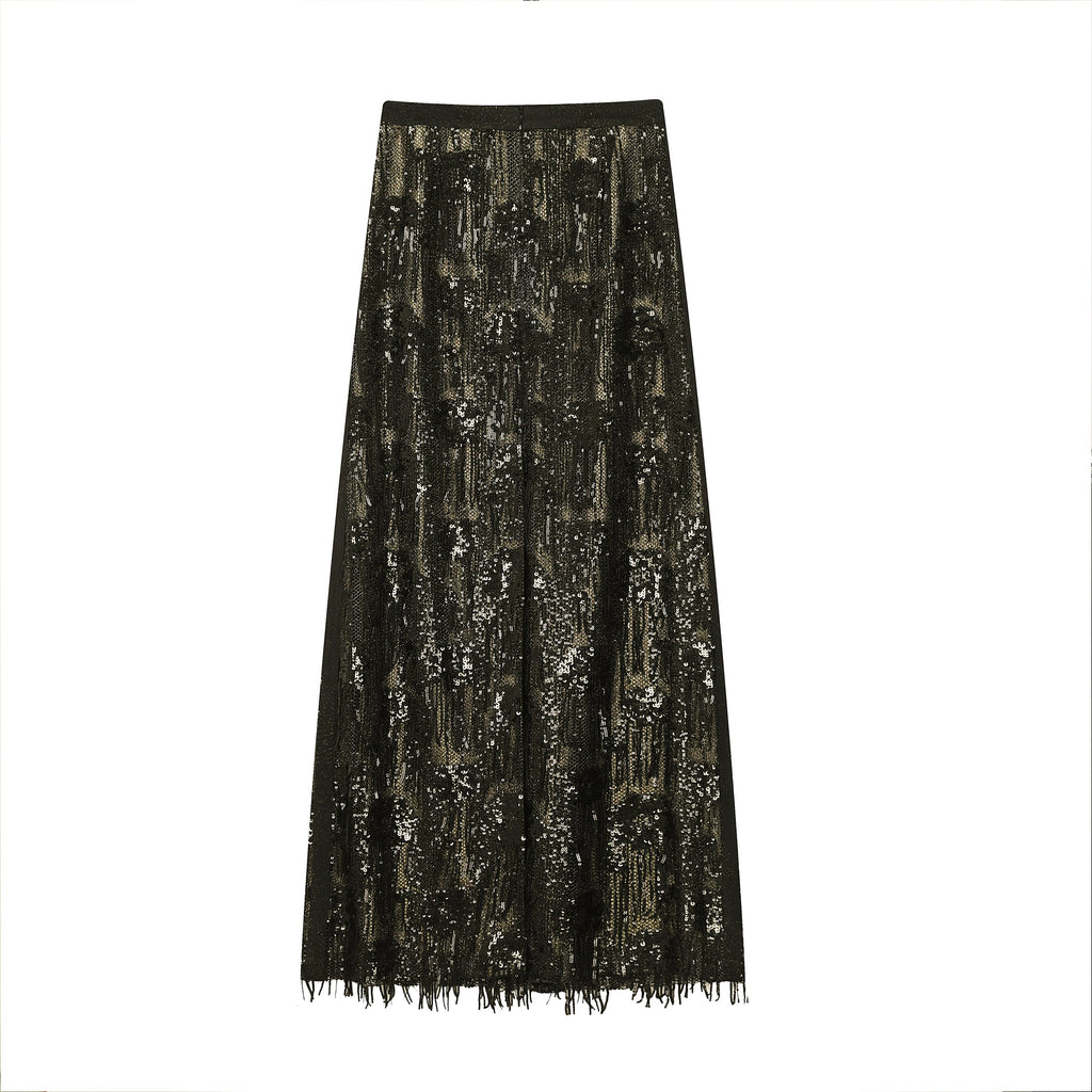 Black & Gold Sequin Fringe Maxi Skirt - image 2